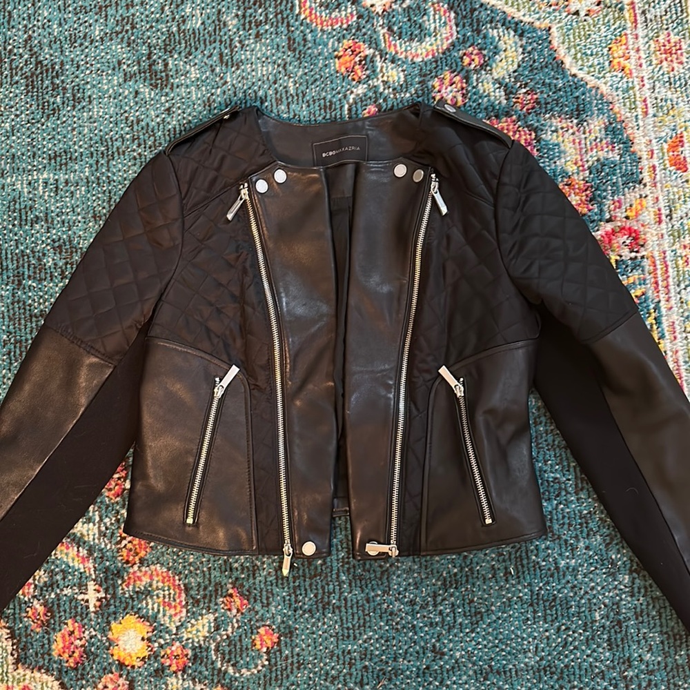 BCBGMAXAZRIA Blake Zip Front Quilted Lamb Leather Jacket